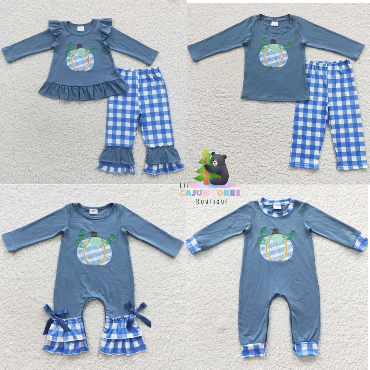 Matching Siblings Embroidered Blue Check Pumpkin Collection