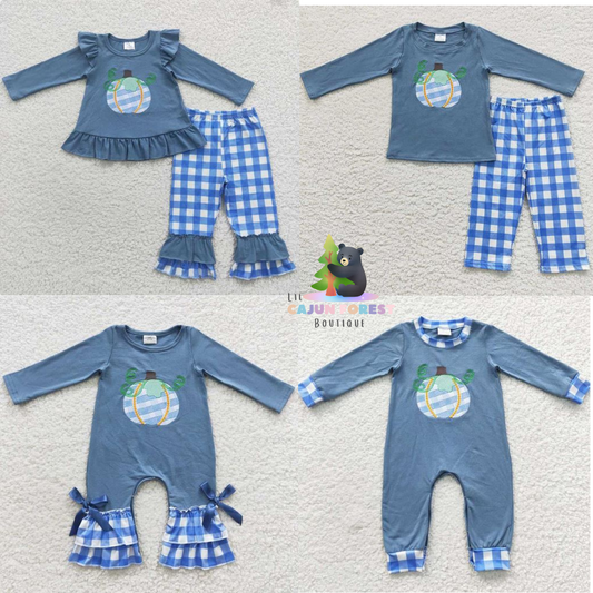 Matching Siblings Embroidered Blue Check Pumpkin Collection