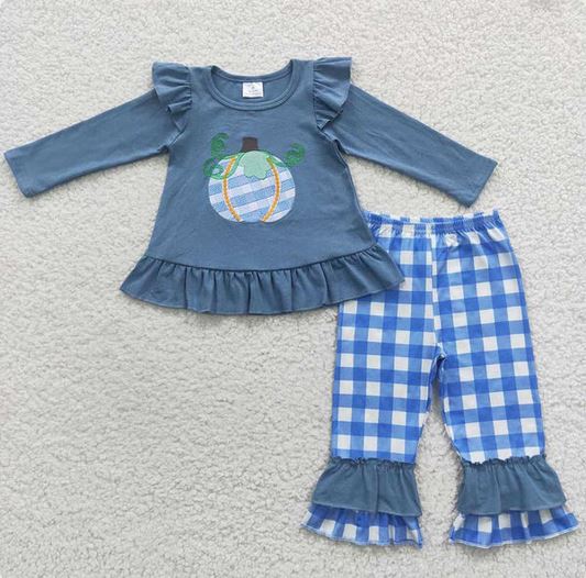 Matching Siblings Embroidered Blue Check Pumpkin Collection