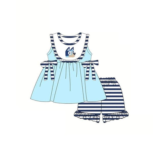 Blue Dog Navy Stripe Girls Shorts Set