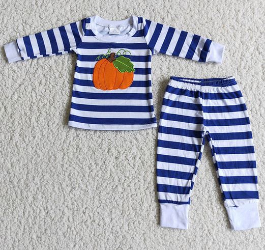 Embroidered Pumpkin Blue Stripe Set