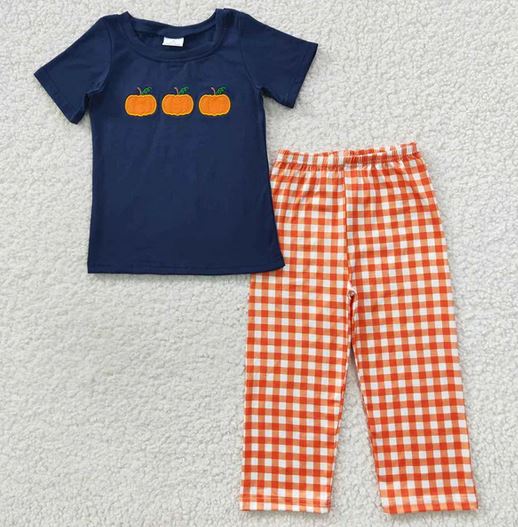 Boys Embroidered Navy Pumpkin Trio Pants Set